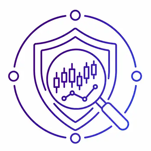 Shield and magnifying glass around a candlestick chart representing transparent brokerage services.