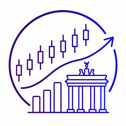 Rising candlestick chart and German landmark representing Germany’s DAX 40 stock index.
