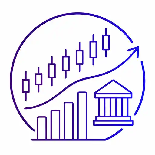 Rising candlestick chart and exchange building representing the Dow Jones Industrial Average.