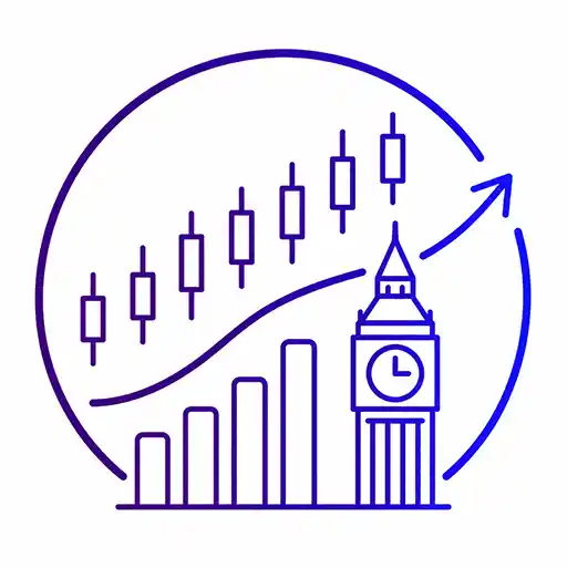 Rising candlestick chart and London landmark representing the UK FTSE 100 index.