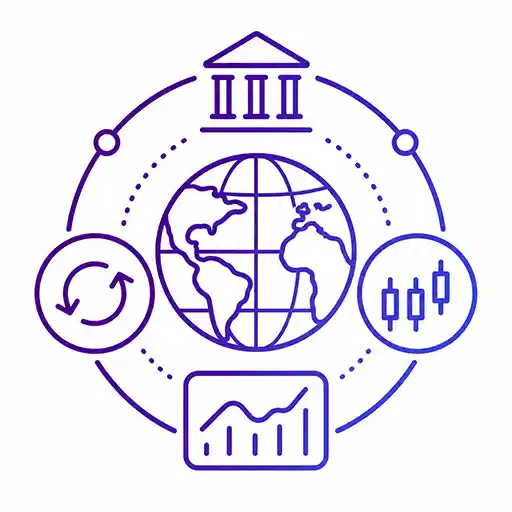Globe, bank and currency arrows representing foreign exchange and macroeconomic themes.