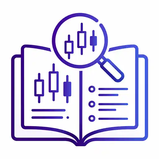 Open glossary with candlestick charts and checklist explaining key financial trading concepts.