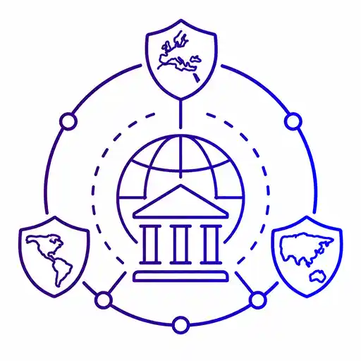 Shielded financial building and globe representing a jurisdiction-aware corporate structure.