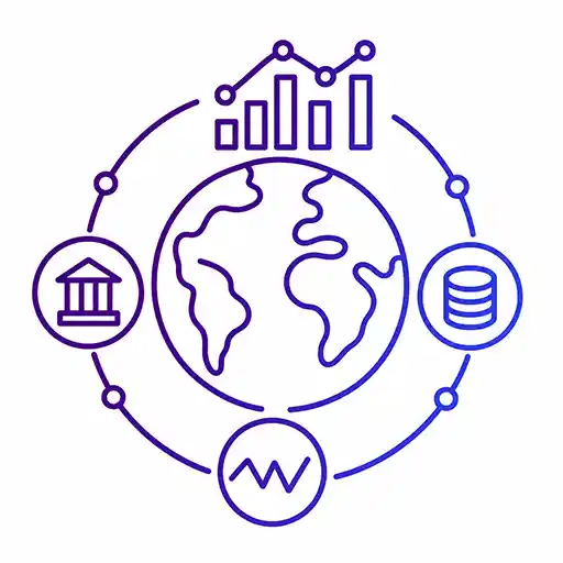 Globe with economic charts, bank and database icons representing macro-driven markets.