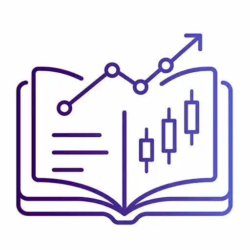 Open guide with rising line and candlestick charts representing financial market education.