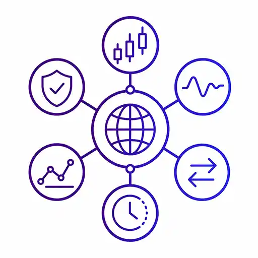 Globe with shield, charts and market indicators representing multiple financial trading use cases.