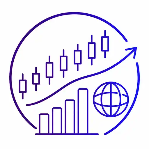 Rising candlestick chart and globe representing the Nasdaq 100 US stock market index.