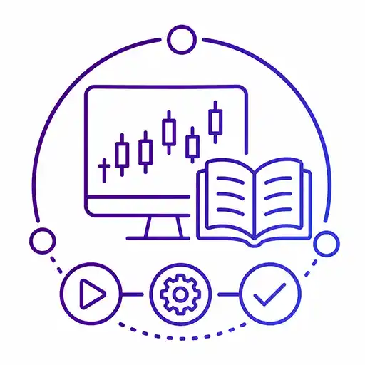 Trading screen and open book representing education about platforms and trading processes.