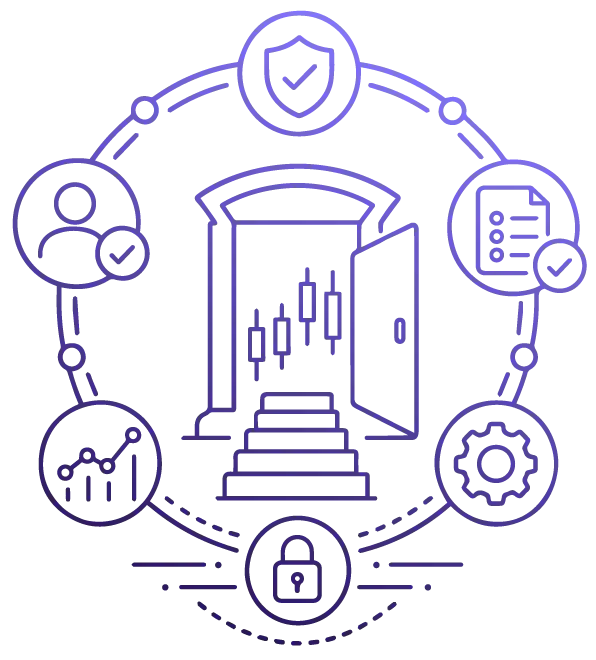 Protected trading chart surrounded by client and document icons representing structured access.