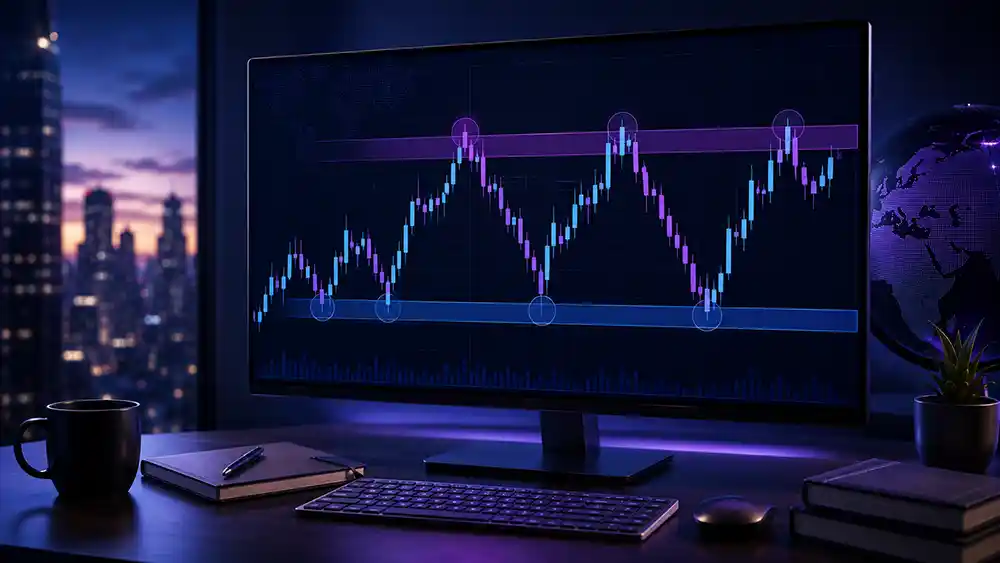 Simplified chart illustration showing support and resistance zones as part of beginner market structure education.