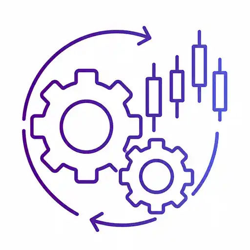 Candlestick charts and interlocking gears illustrating trading mechanics and market processes.