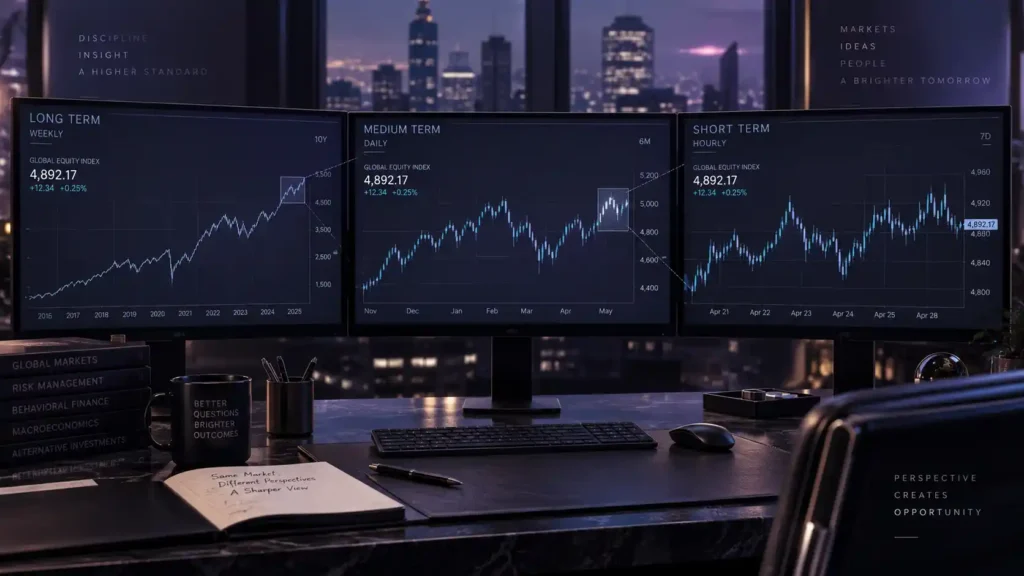 Multi-timeframe analysis showing higher and lower chart timeframes with different views of market trends, support, resistance and price structure.